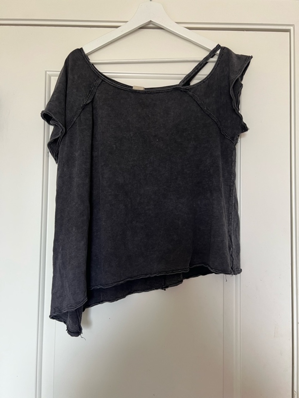 We The Free Washed Black Asymmetric Short Sleeve Top